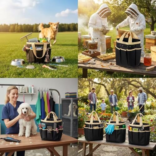 Abbylike Grooming Tote,Vintage,15 x 12 x 5.5 Inch,Khaki and Black