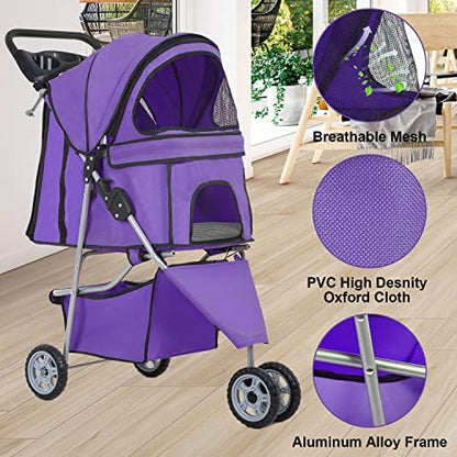 BestPet | 3-Wheel Foldable Pet Stroller | Purple | Lightweight & Portable