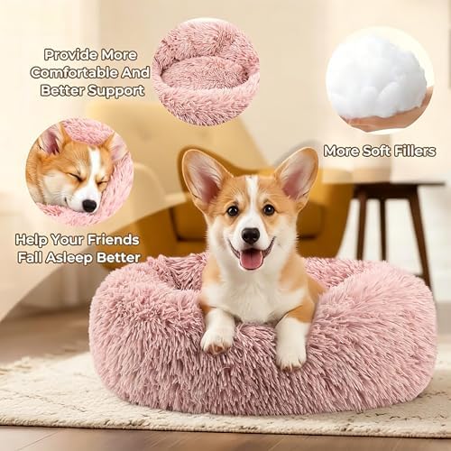 Calming Anti-Anxiety Donuts Dog And Cat Bed, Round Fluffy Soft Washable Small Medium Pet Bed For Puppy And Kitten, Cuddler Warming Comfortable Luxury Anti-Slip Waterproof Mute Base 24in Pink