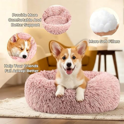Calming Anti-Anxiety Donuts Dog And Cat Bed, Round Fluffy Soft Washable Small Medium Pet Bed For Puppy And Kitten, Cuddler Warming Comfortable Luxury Anti-Slip Waterproof Mute Base 24in Pink