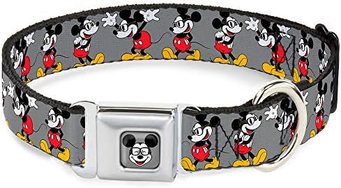 Buckle-Down Seatbelt Buckle Dog Collar - Mickey Mouse w/Glasses Poses Gray - 1" Wide - Fits 15-26" Neck - Large