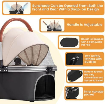 Dog Strollers for Small Medium Dogs Cats 44 lbs,3-in-1 Detachable Pet Carrier Stroller,4 Wheels One-Hand Fold Travel Carriage with Storage Basket,Pet Pad,Cup Holder,Khaki