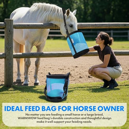 Horse Feed Bag Pack of 2 (Reinforced Bottom Edging), Feed Bags for Horses with Ventilation Mesh, Comfort Nose Pad Neck Pad, Adjustable Strap, Spill Proof Design for Feeding Grain, Supplements