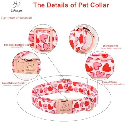 Valentines Dog Collar, Pink Heart Print Girl Dog Collars, Cute Valentine Puppy Collars, Adjustable Heavy Duty Pet Collar for Small Medium Large Dogs with Metal Buckle XL
