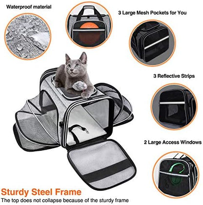 TSA Airline Approved Soft Sided Pet Carrier Top Loading 4 Side Expandable Large Travel Cats Carrier Collapsible with 3 Removable Washable Pads and 3 Pockets for Cats Kitten and Small Dogs