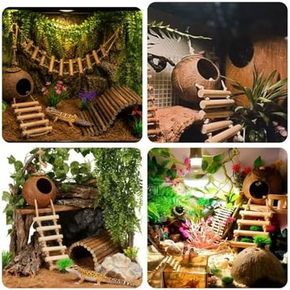 Crested Gecko Tank Accessories, Reptile Bridge and Plants with Coconut Shell Ladder Hideout, Natural Terrarium Decor for Lizard, Chameleon, Leopard Gecko, Snake, Hermit Crab and Tortoise (Group B)