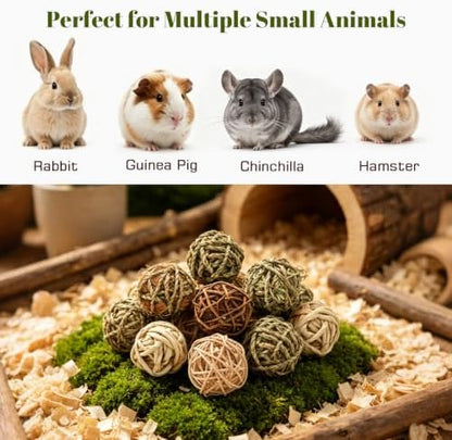 16 Pcs Bunny Chew Grass Balls,Natural Handmade Enrichment Toys for Teeth Grinding, Enrichment Treats for Rodents Rabbits Guinea Pigs Chinchillas Hamsters Mice, Rolling Chew Toys (2.4")