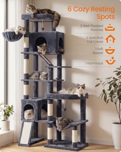 Feandrea Large Cat Tree, 79.5" Tall Sturdy Cat Tower for Indoor, Dark Gray