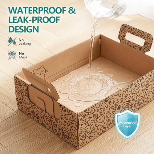 3-Pack Disposable Cat Litter Box, Waterproof & Leak-Resistant Cardboard, Foldable for Travel and Temporary Use, Eco-Friendly with Cute Cartoon Design, Gift for Cat Lovers
