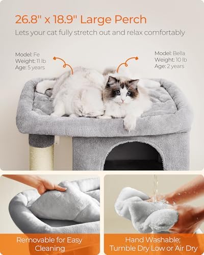 Feandrea Cat Tree, 40.6-Inch Tall Cat Tower, Cute Plush Condo, Light Gray