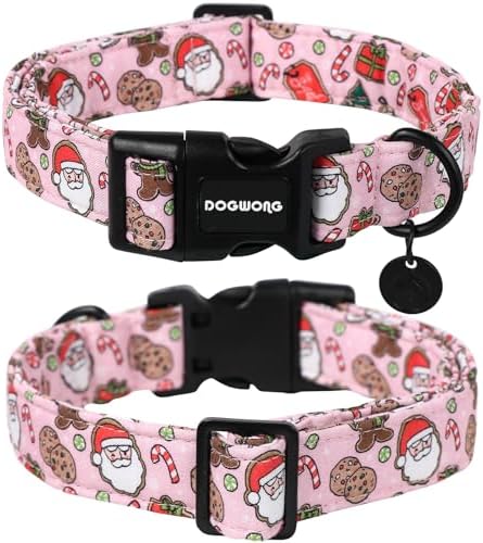 DOGWONG Christmas Cotton Dog Collar, Pink Santa Claus Dog Collar Durable Holiday Pet Dog Collars Cute Puppy Necklace for Small Dogs