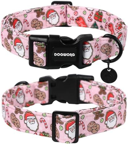 DOGWONG Christmas Cotton Dog Collar, Pink Santa Claus Dog Collar Durable Holiday Pet Dog Collars Cute Puppy Necklace for Small Medium Large Dogs