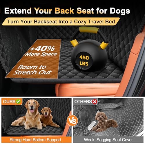 Back Seat Extender for Dogs, Holds 450 lbs, Hard Bottom Waterproof Dog Car Seat Cover with Door Protectors, 600D Heavy Duty Scratch Proof & Nonslip Dog Hammock with Mesh Window for Car, SUVs