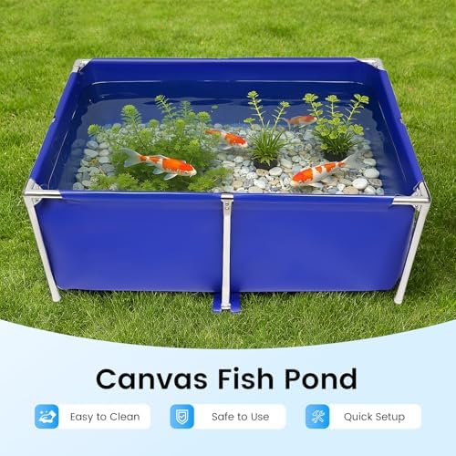 Canvas Above Ground Fish Pond, Foldable Blue Aquarium Pool with Drain Valve