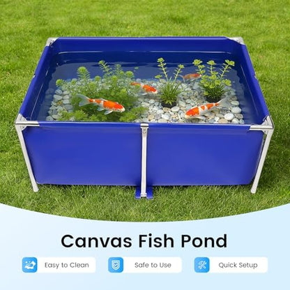 Canvas Above Ground Fish Pond, Foldable Blue Aquarium Pool with Drain Valve