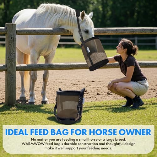 Horse Feed Bag Pack of 2 (Reinforced Bottom Edging), Feed Bags for Horses with Ventilation Mesh, Comfort Nose Pad Neck Pad, Adjustable Strap, Spill Proof Design for Feeding Grain, Supplements