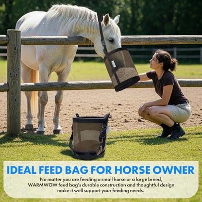 Horse Feed Bag Pack of 2 (Reinforced Bottom Edging), Feed Bags for Horses with Ventilation Mesh, Comfort Nose Pad Neck Pad, Adjustable Strap, Spill Proof Design for Feeding Grain, Supplements
