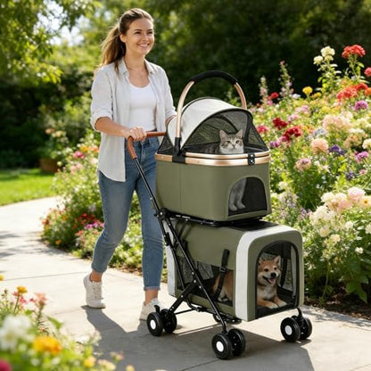 Double Pet Stroller for Dogs and Cats: Dog Stroller Foldable Travel Carriage with Detachable Carriers, Safety Belts, and 4 Lockable Wheels for Small to Medium Pets – Ideal for Multi-Pet Homes (Green)