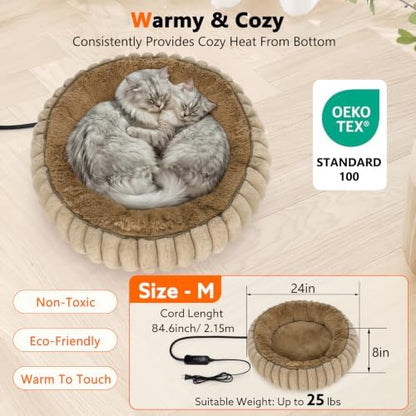 INVENHO Heated Cat Beds for Indoor Cats and Small Dogs, 24" Cozy Donut Heated Pet Bed with Timer & Temp Adjustable, Removable Waterproof Electric Warming Bed for Indoor Cat