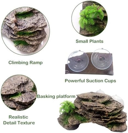 kathson Turtle Basking Platform with Suction Cup,Turtle Ramp Climbing Basking Platform Artificial Plants Decor Resting Basking Terrace Aquarium Ornament Rock for Frogs Lizards Bearded Dragon