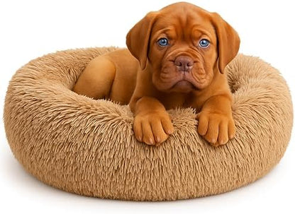 Calming Dog Bed - Fluffy Donut Cuddler for Anxiety Relief, Orthopedic Pet Bed with Non-Slip Bottom, Cozy Round Faux Fur Nest for Dogs and Cats, Plush Crate Mat for Comfort (Camel, Small)
