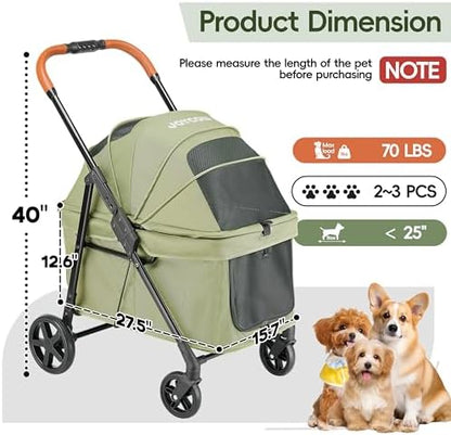 Foldable Pet Stroller Small Dogs Cats Up to 70 lb All-Terrain, Green