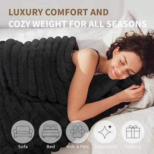 DEZ FURNISHINGS Luxury Reversible Textured Stripe Faux Fur & Velvet Throw Blanket, Twin (66" x 90"), Black