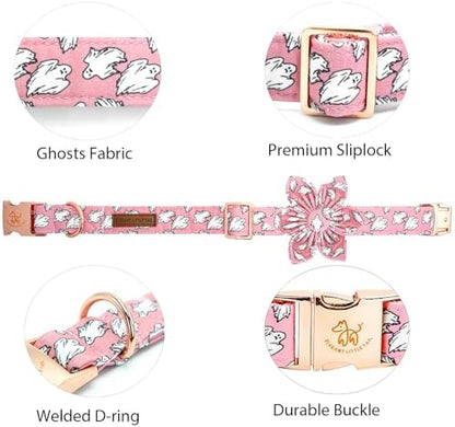 Elegant little tail Halloween Dog Collar, Pink Ghosts Print Dog Collar with Flower Puppy Collar Flower Female Cotton Adjustable Collars for Small Medium Large Dogs
