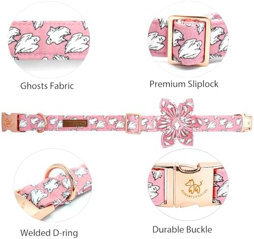 Elegant little tail Halloween Dog Collar, Pink Ghosts Print Dog Collar with Flower Puppy Collar Flower Female Cotton Adjustable Collars for Small Medium Large Dogs