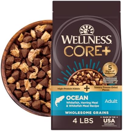 Wellness CORE+ Adult Dry Dog Food with Freeze Dried Pieces, Grain Free Kibble+, Natural, High Protein, Chicken Free, Whitefish, Herring, and Salmon Recipe, 18 lb Bag