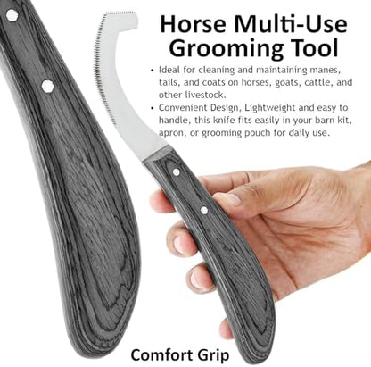 Pro Farrier Grooming Bugs Bot Knife– Stainless Steel Blade, Wooden Handle, Multi-Purpose Mane and Coat Cleaning Tool for Horses, Goats, and Cattle (Black)