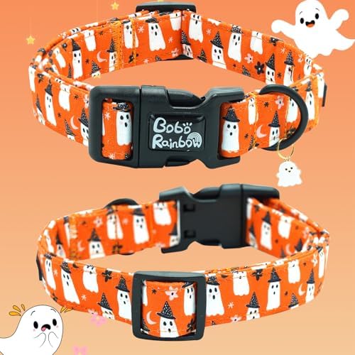 Halloween Dog Collar-Orange Ghost Print Pet Collar Fall Adjustable Cute Soft Collars Holiday Comfortable Lightweight Quick-Release Buckle Puppy Collars for X-Small Dogs