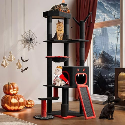 YITAHOME Gothic Cat Tree with Coffin Bed, 60" Tall Cat Tower for Indoor Cats with Top Perch, Spacious Cat Condos, Spider Hanging Balls,Comfy Basket, Scratching Post and Ladder, Black Halloween