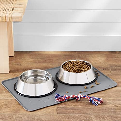 Amazon Basics Waterproof Non-Slip Silicone Pet Food and Water Bowl Mat with Raised Edge, Feeding Placemat to Protect Floors, 24" x 16", Grey