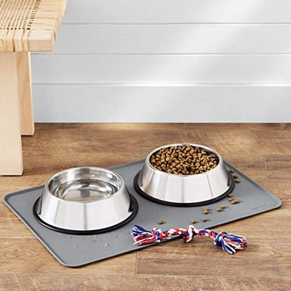 Amazon Basics Waterproof Non-Slip Silicone Pet Food and Water Bowl Mat with Raised Edge, Feeding Placemat to Protect Floors, 24" x 16", Grey