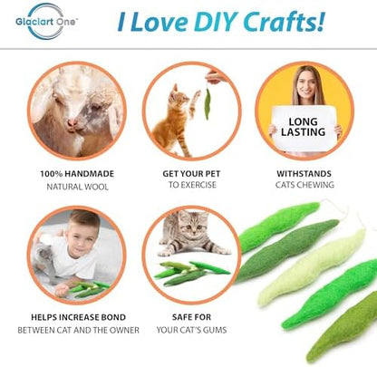 Glaciart One Green Beans Cat Toy – 5 Pcs | Soft Fuzzy Enrichment 100% Natural Wool - Interactive Catnip Play Cat Toy Set - Safe for Pets, Non-AZO Colored Dyes