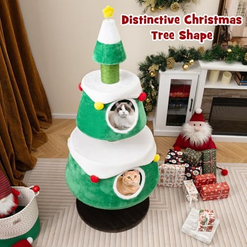 PETSITE 60 inch Cat Christmas Tree, Cute Cat Tower with 2 Condos, Sisal Scratching Posts, Spring Toy, Removable Beds, Modern Holiday Cat Tree Tower for Indoor Cats
