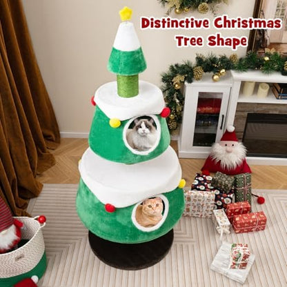 PETSITE 60 inch Cat Christmas Tree, Cute Cat Tower with 2 Condos, Sisal Scratching Posts, Spring Toy, Removable Beds, Modern Holiday Cat Tree Tower for Indoor Cats