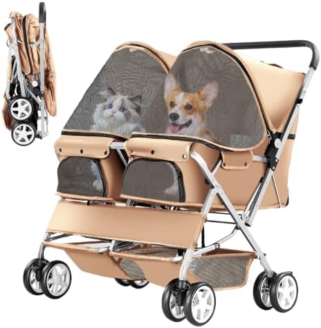 Double Pet Stroller for 2 Dogs & Cats, Side-by-Side, Beige