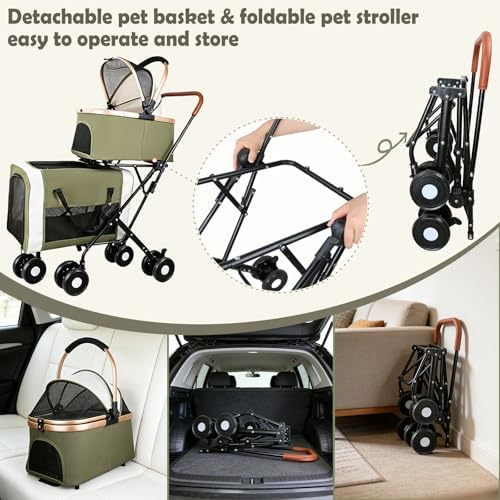 Double Pet Stroller for Dogs and Cats: Dog Stroller Foldable Travel Carriage with Detachable Carriers, Safety Belts, and 4 Lockable Wheels for Small to Medium Pets – Ideal for Multi-Pet Homes (Green)