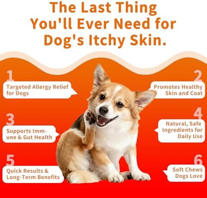 Dog Allergy & Itch Relief Chews - Salmon Oil Omega-3, Omega-6, Vitamin B1/B2/B6, Colostrum Probiotics Supplement for Seasonal Allergy, Hot Spots, Paw Licking, Scratching, 98 Soft Chews