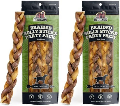 Redbarn Pet Products 100% Natural 8"-12" Braided Bully Sticks for Medium & Large Dogs - Healthy Long Lasting Beef Chews Party Pack - Single Ingredient Low Odor Rawhide Free - 2 lb
