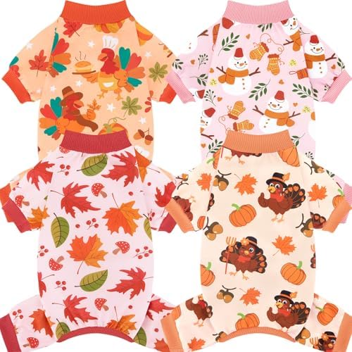 XPUDAC 4 Pack Thanksgiving Dog Pajamas Puppy Onesies for Small Dogs, M