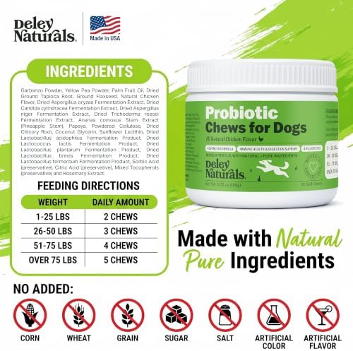 Deley Naturals Dog Probiotics Chews - 4 Billion CFU Dog Probiotics, Prebiotics, Enzymes for Digestion & Gut Health - Smaller Soft Chews, Lower Calories, Same Active Ingredients - USA Made - 60 Count