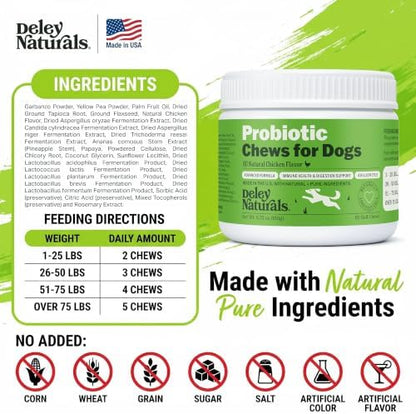 Deley Naturals Dog Probiotics Chews - 4 Billion CFU Dog Probiotics, Prebiotics, Enzymes for Digestion & Gut Health - Smaller Soft Chews, Lower Calories, Same Active Ingredients - USA Made - 60 Count