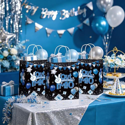 16 Pcs 10th Birthday Party Favor Bags Blue and Black 10th Goodie Bags