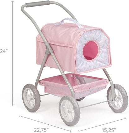 JC Toys - Berenguer Boutique | Deluxe Folding Pet Stroller | Pink Floral Collection | Removable Pet Carrier for Dolls and Plush | Ages 3+