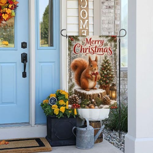 Christmas Squirrel Garden Flag 12x18 Inch Merry Holiday Gift Tree Lantern Pinecone Holly Snowy Woodland Rustic Outdoor Yard Lawn Porch Double Sided Banner Farmhouse Welcome Decor