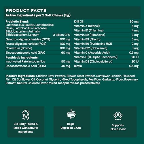 Dog Probiotics and Multivitamin Chews for Digestive Health, Immune Support, Gut Health, Allergy Support, Dog Vitamins, with Vitamin C, Omega 3, Colostrum, 60 Soft Chews per Jar