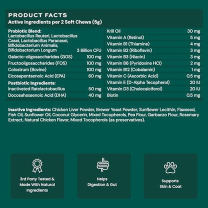 Dog Probiotics and Multivitamin Chews for Digestive Health, Immune Support, Gut Health, Allergy Support, Dog Vitamins, with Vitamin C, Omega 3, Colostrum, 60 Soft Chews per Jar